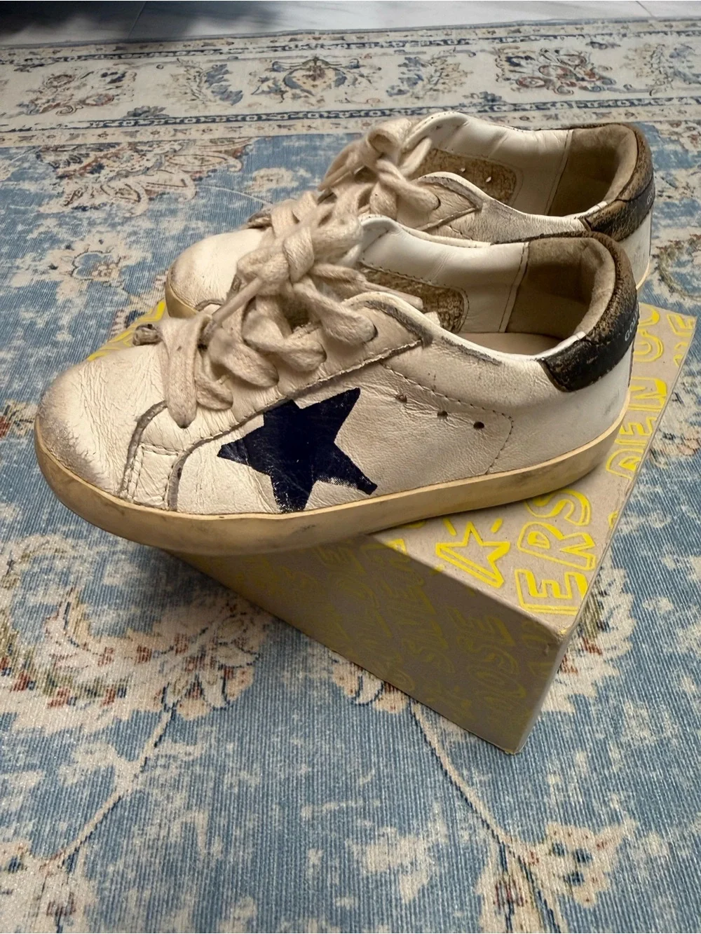 Golden Goose White Leather Sneaker with Navy Star and Cream Details